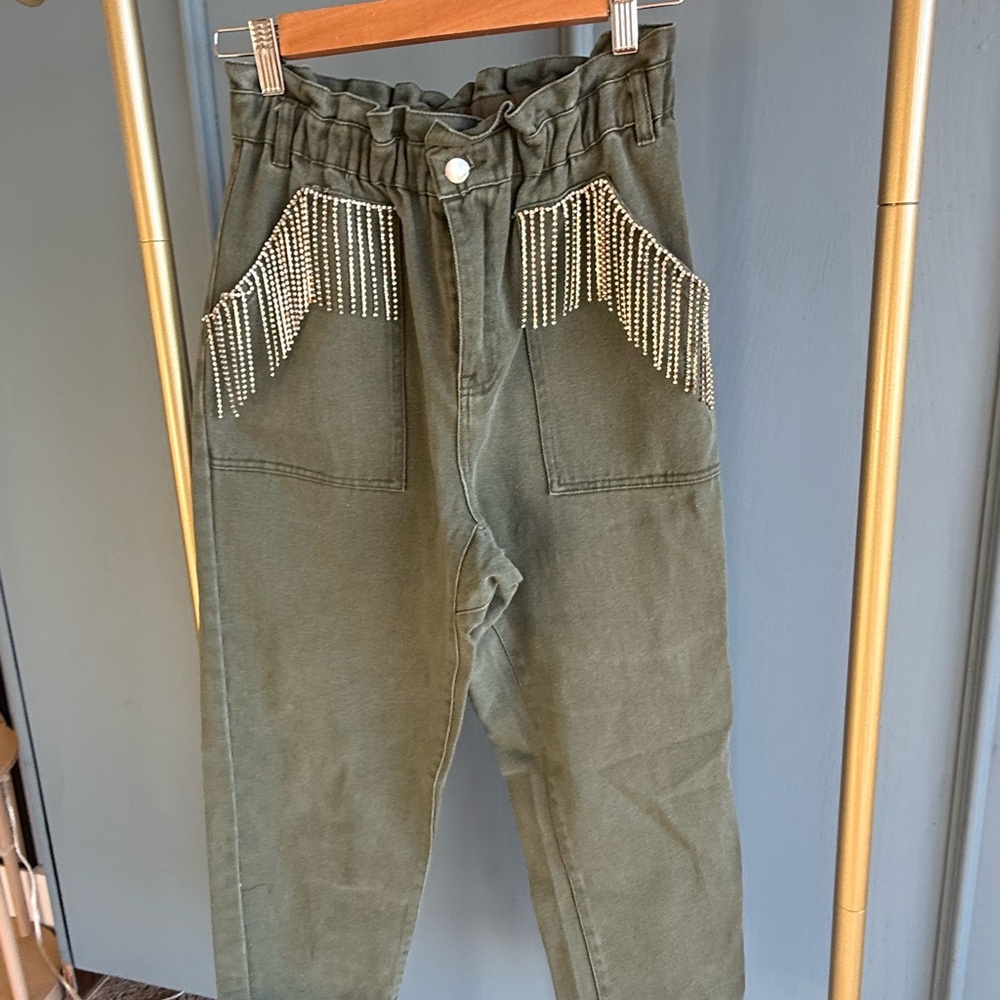 Chic Olive High Rise Women's Jeans with Rhinestone Accents